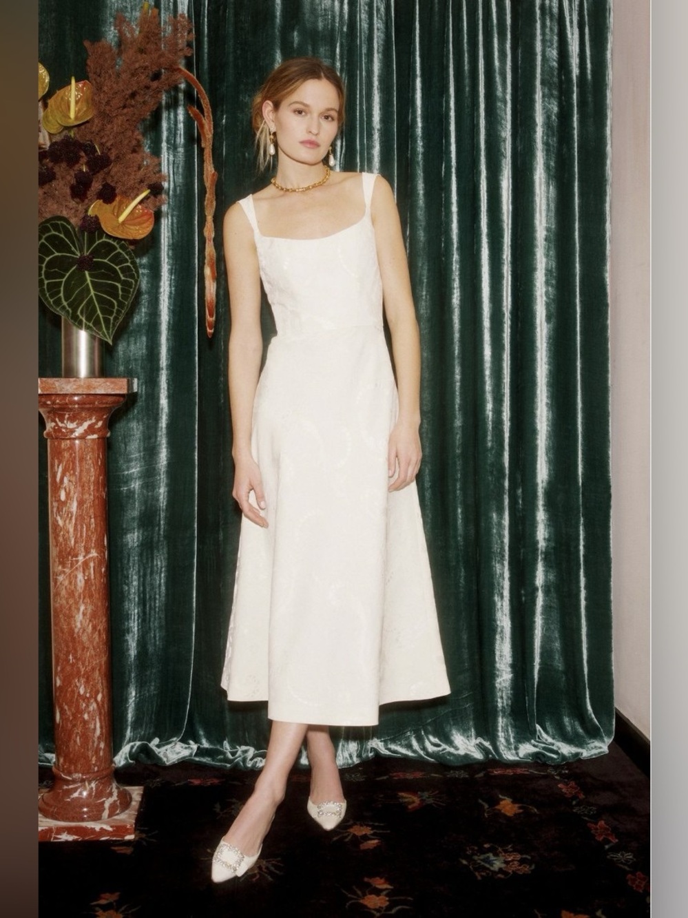 Markarian Ivory Metallic Jacquard Silk Blend Midi Dress Wedding Bridal Size 0